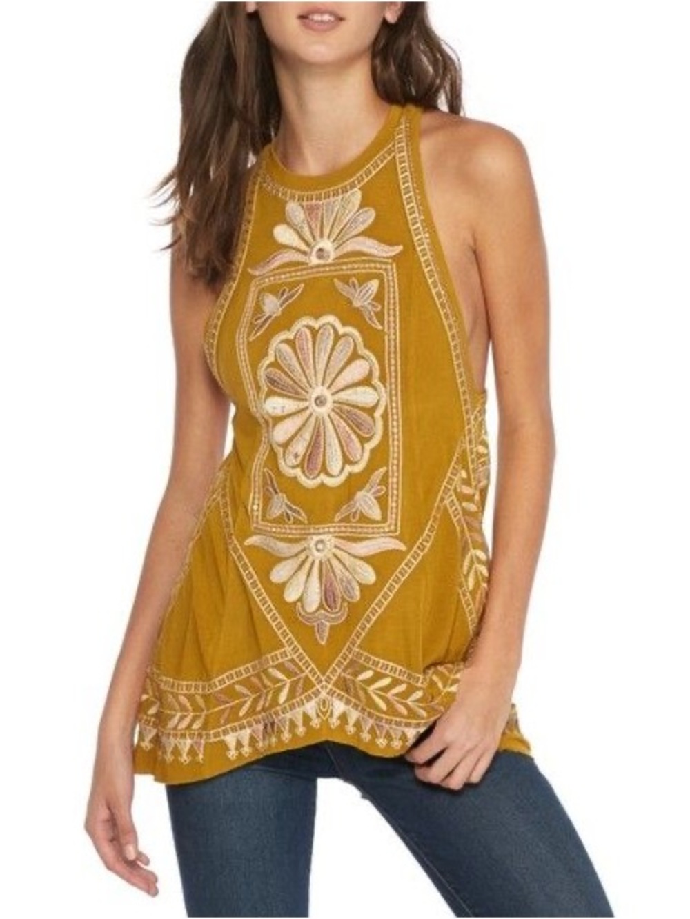 Free People Embroidered Halter Tank Top - Mustard Size XS